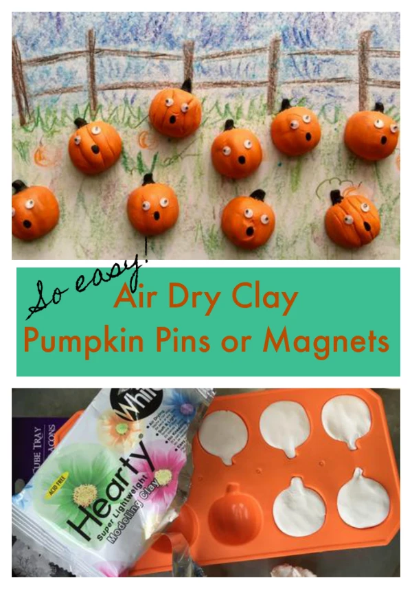Adorable! Use air dry clay and dollar store ice cube trays to make pumpkin pins or pumpkin magnets! Such a cute fall project for kids!